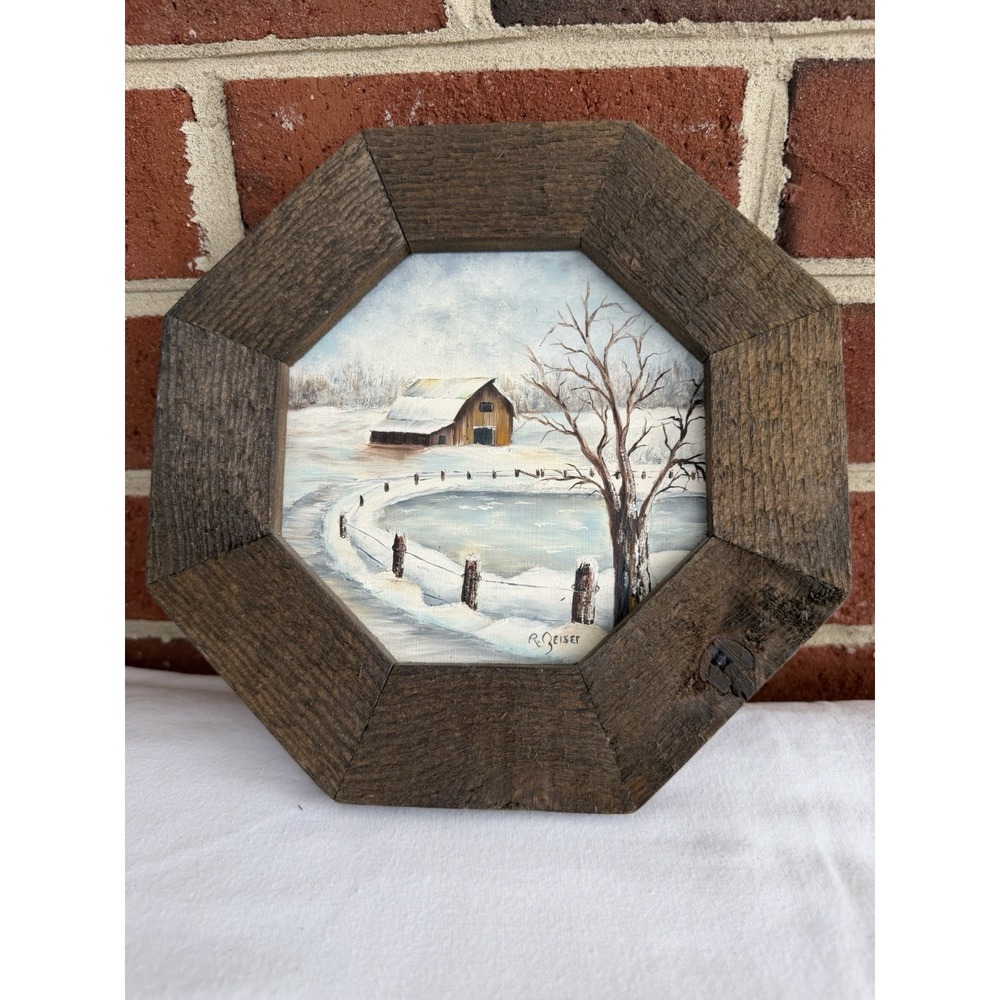 R. Geiser Signed Original Acrylic Winter Barn Landscape Painting Framed 8x8